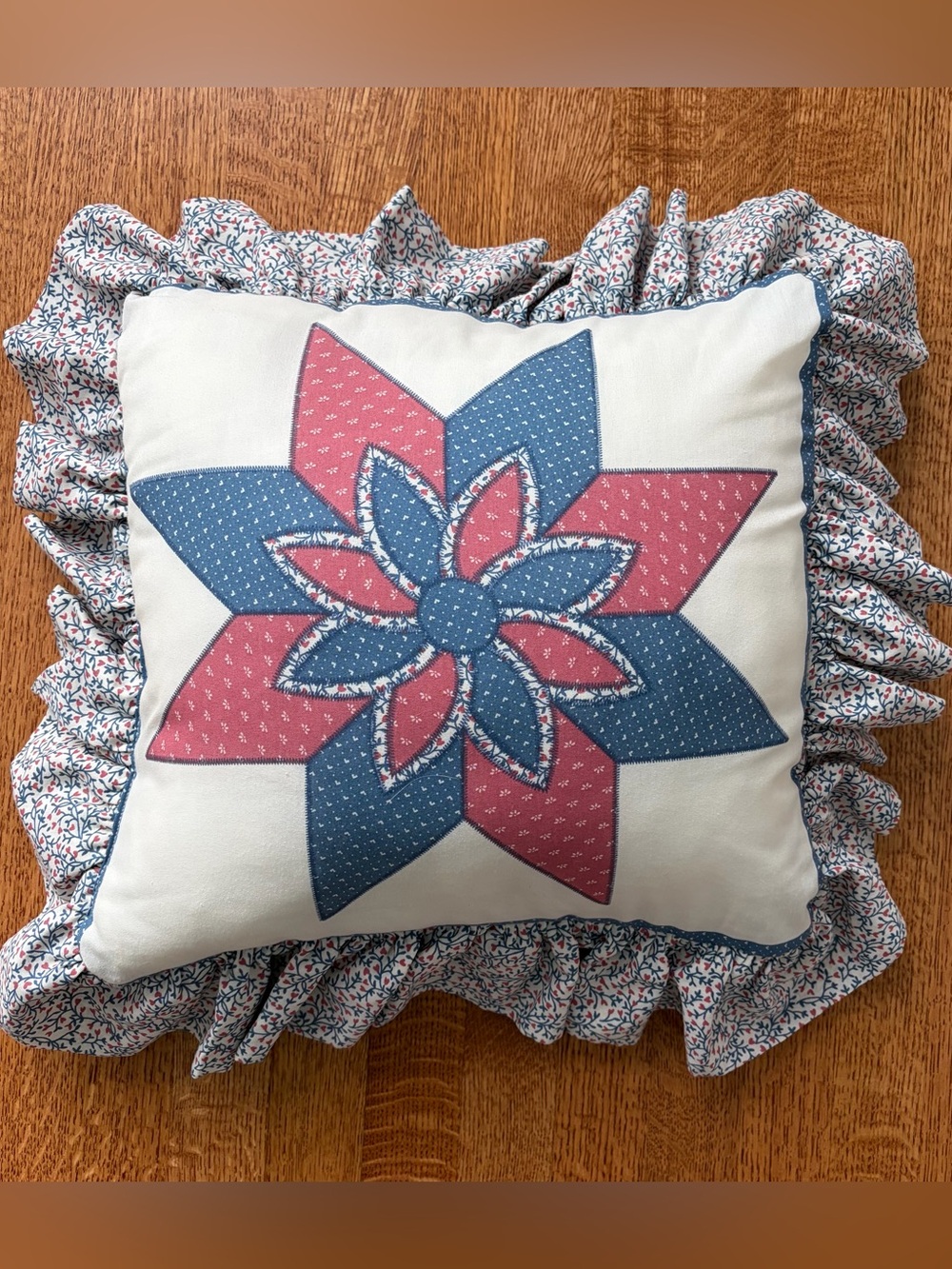 Vintage Faux Patchwork Star Throw Pillow 16x16 Calico Floral Ruffle Cottagecore